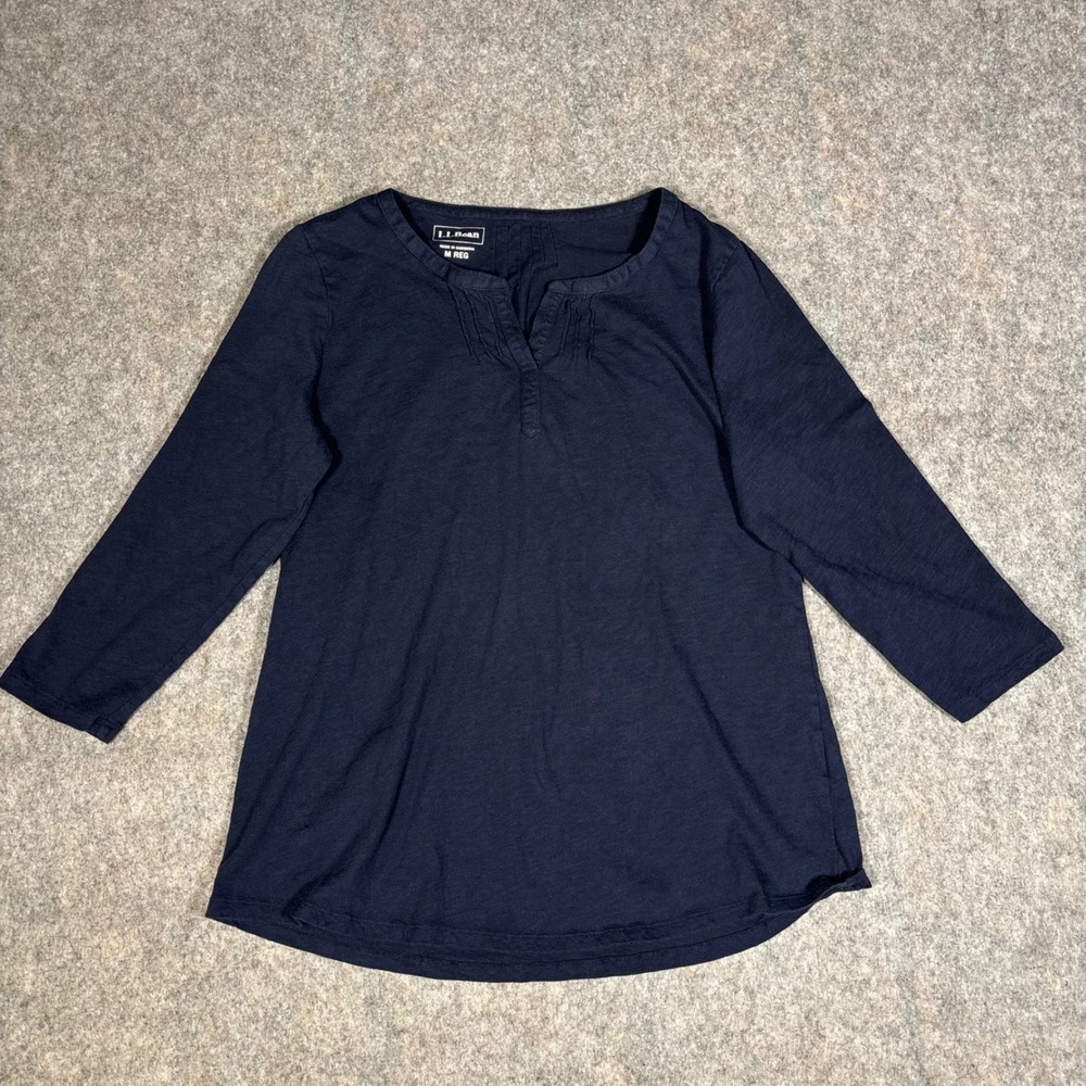 LL Bean Top Womens M Navy 3/4 Sleeve Organic Cotton Pleated Split Minimalist